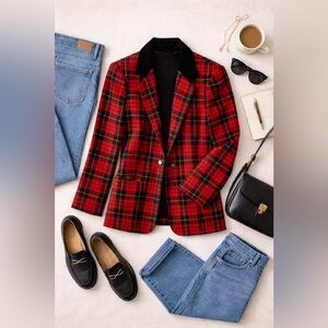 Vintage Sag Harbor Tartan Plaid Wool Blend Blazer Jacket Academia Collegiate Lg
